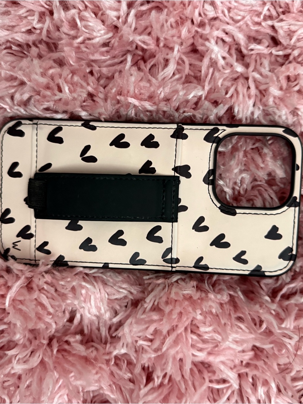 Black Heart Print Pink Phone Case with Black Grip Strap